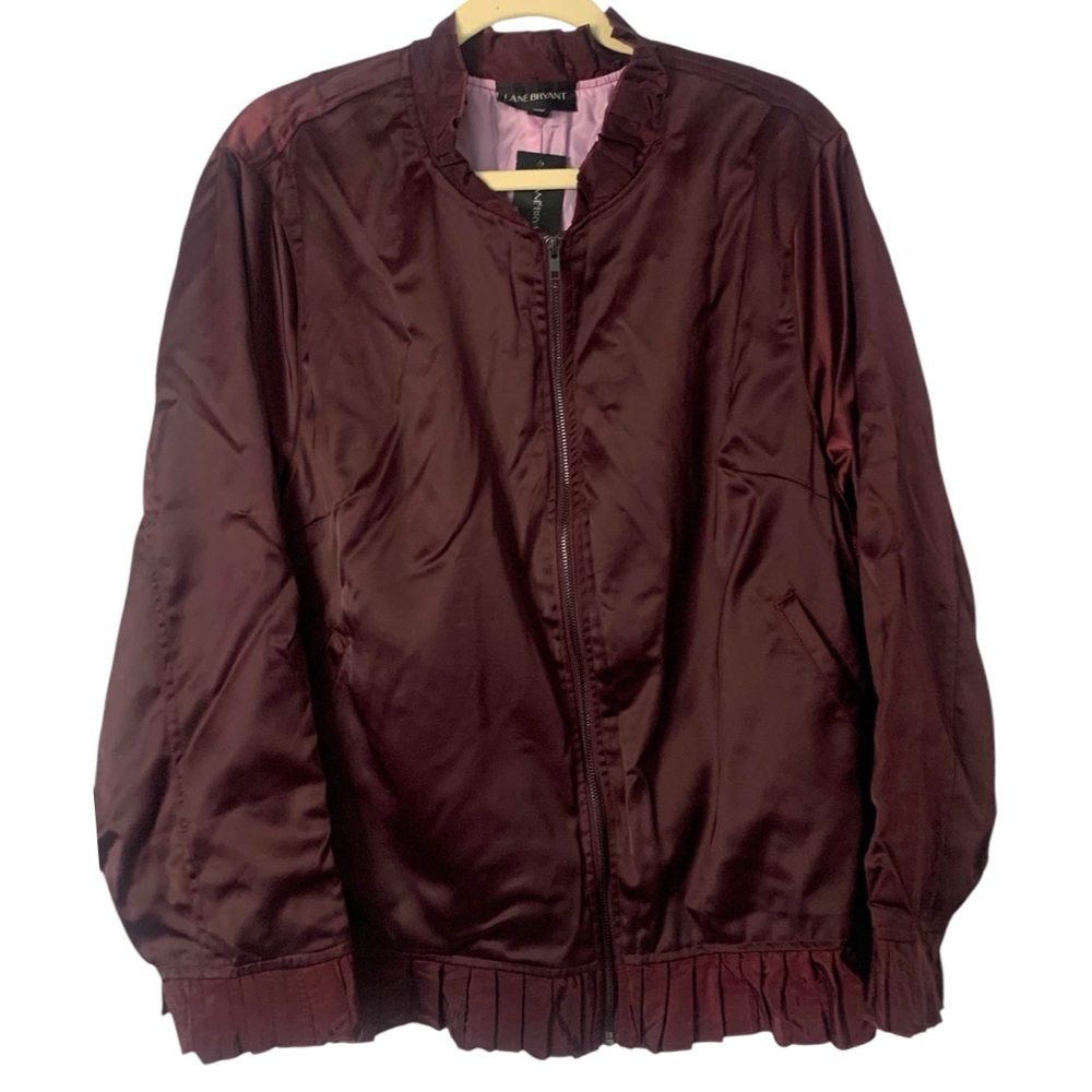 NEW Lane Bryant Wine Plus Size 18/20 Silky Ruffle Trim Full Zip Bomber Jacket
